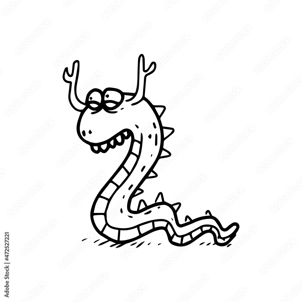 Obraz premium a hand drawn illustration of a cute reptile monster. cute doodle cartoon drawing of a fantasy character in uncolored style. a funny element design.