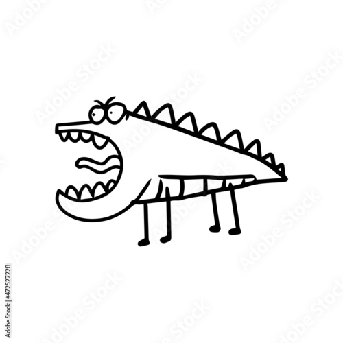 a hand drawn illustration of an angry crocodile monster. cute doodle cartoon drawing of a fantasy character in uncolored style. a funny element design.