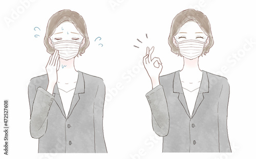 マスク着用による蒸れに悩む中年女性のビフォーアフター
