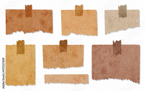Trendy Collection of torn paper sticky notes with washi tape isolated hand painted watercolor