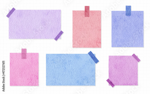 Trendy Collection of colorful sticky notes with washi tape isolated hand painted watercolor