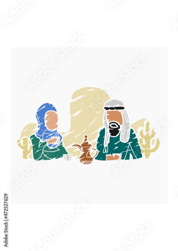 Editable Arab Couple Having Arabic Coffee Vector Illustration With Dallah Pot and Finjan Cups in Brush Strokes Style for Islamic Moments or Arabian Culture Cafe Related Design