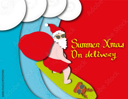 santa claus and rudolf surfing board with gift, summer christmas