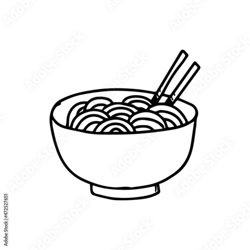 a hand drawn illustration of the eastern dish, a bowl of ramen. food and beverage illustrated in an uncolored drawing outline for decorative element design.