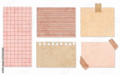 Trendy Set of Paper notes, notepads and memo with washi tape isolated hand painted watercolor