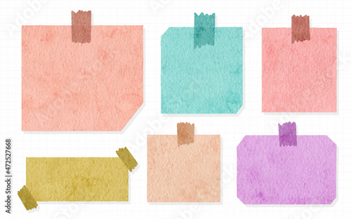 Trendy Set of colorful sticky notes with washi tape hand painted isolated watercolor