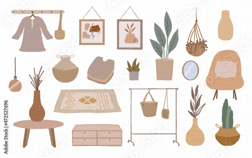 Hand Painted Watercolor Collection of interiors with stylish comfy furniture and home decorations