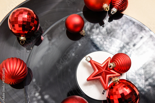 Christmas music with festive party decorations on record player