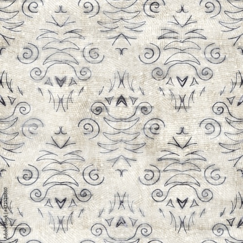 Seamless gray and cream grungy damask pattern for surface design and print. High quality illustration. Intricate luxurious hip sensual trendy romantic design for interior design, fabric, or textile.