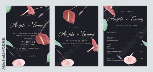 Floral wedding invitation card set template design, anthurium flowers and leaves, dark grey theme