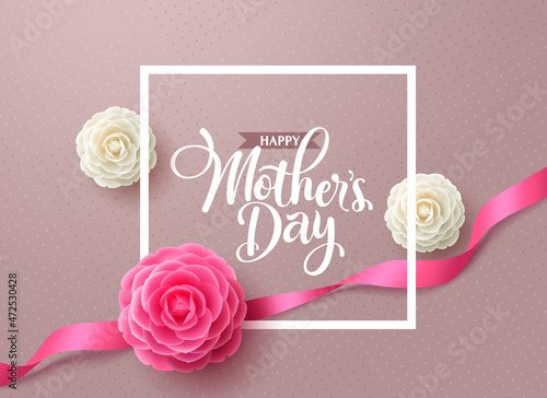 Mother's day vector background design. Happy mother's day greeting text with camellia flower in elegant pattern for international mom's day card decoration. Vector Illustration.
