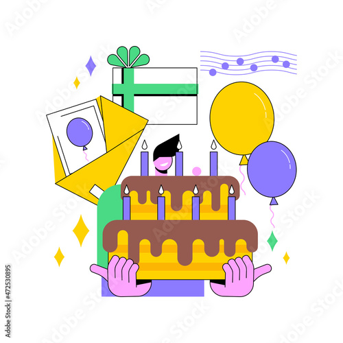 Birthday party abstract concept vector illustration. Celebration supplies, party invitation, planning list, special occasion cake, greeting card, sing happy birthday, sweet 16 abstract metaphor.
