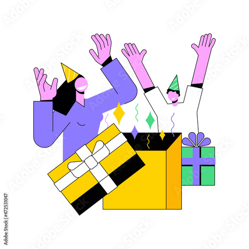 Gift-opening party abstract concept vector illustration. Day-after party, gift-opeing together, family celebration tradition, getting present, guest invitation, brunch event abstract metaphor.