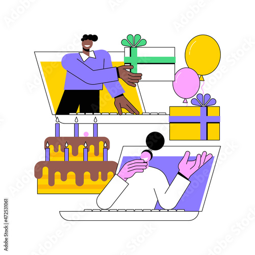 Sharing gifts online abstract concept vector illustration. Online celebration, unpacking present on video, sending greetings on camera, opening gift, virtual party, sharing fun abstract metaphor.