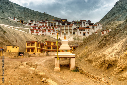 Beautiful Rizong monastery with view of Himalayan mountians - it is a famous Buddhist temple in,Leh, Ladakh, Jammu and Kashmir, India. Nice colourful stock image photo