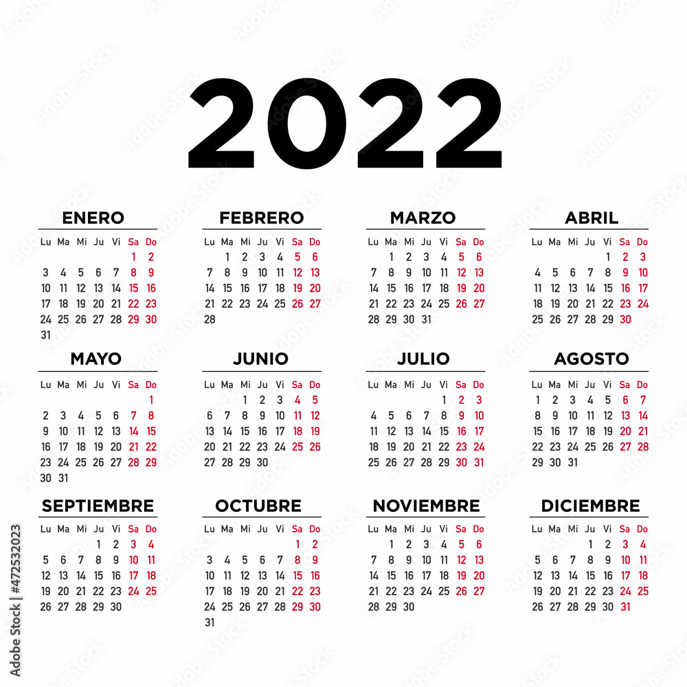 Calendario 2022 español. Semana comienza el lunes vector de Stock | Adobe  Stock