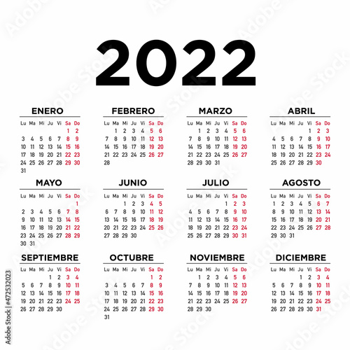 Calendario 2022 español. Semana comienza el lunes