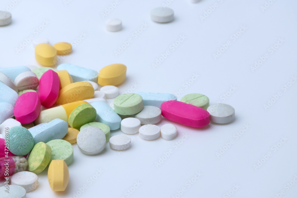 Medical drugs pills isolated on white background.