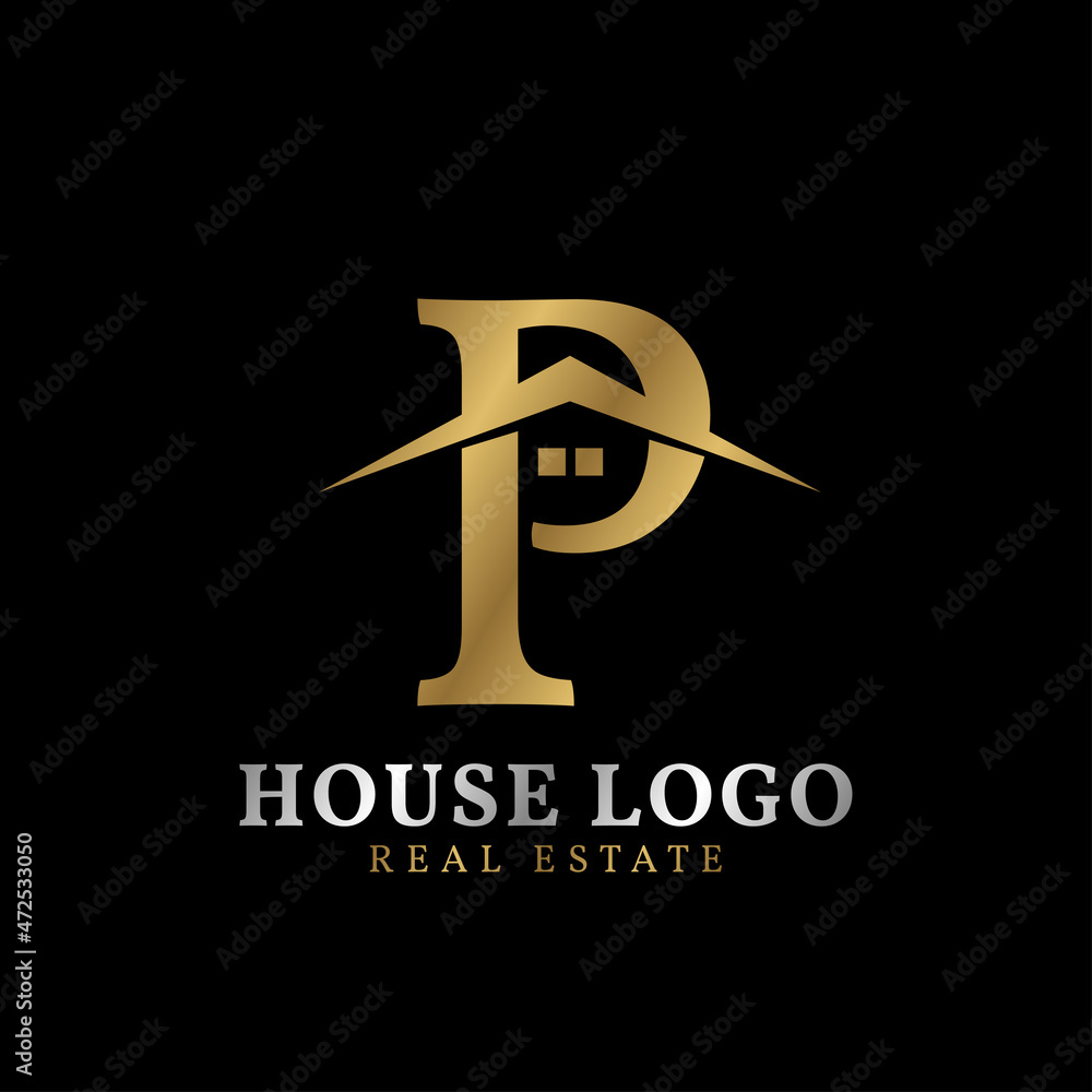 letter P with roof and window luxurious real estate vector logo design letter P with roof and window luxurious real estate vector logo design