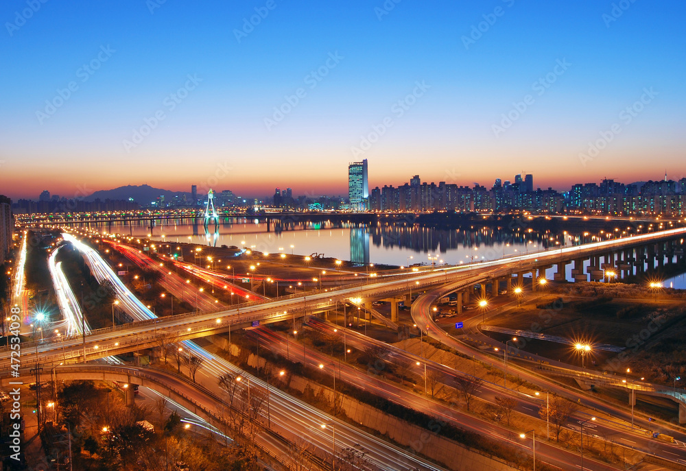 Riverside road night view of Han River in Seoul, Korea