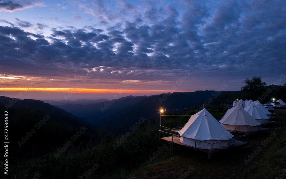 ฺTop beautiful view landscape point from tourist campsite accomodation outdoor with nature of green mountain blue sky background.