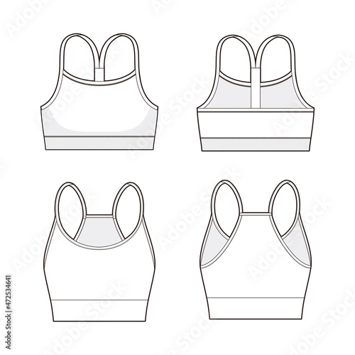  Slender shoulder straps bra vector sketch, Apparel template, Sports bra