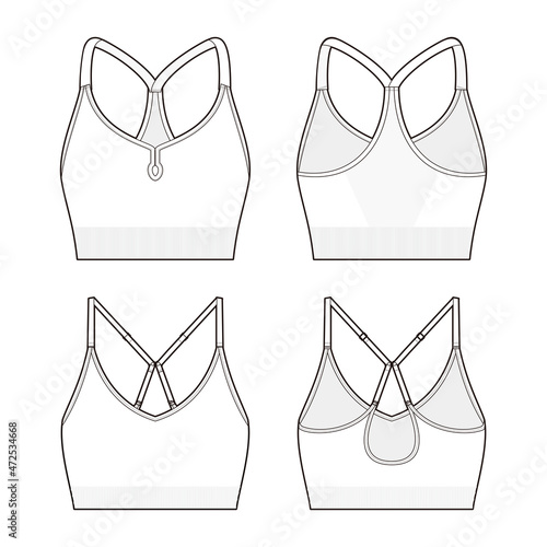Sports bra fashion vector sketch, Apparel template, Adjustable shoulder straps 