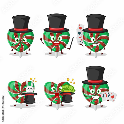 A green love twirl candy Magician cartoon character perform on a stage