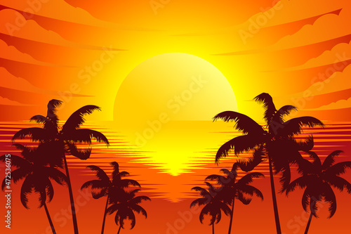Beautiful sunset. Sunset view with coconut tree silhouette. Beach sunset vector illustration  