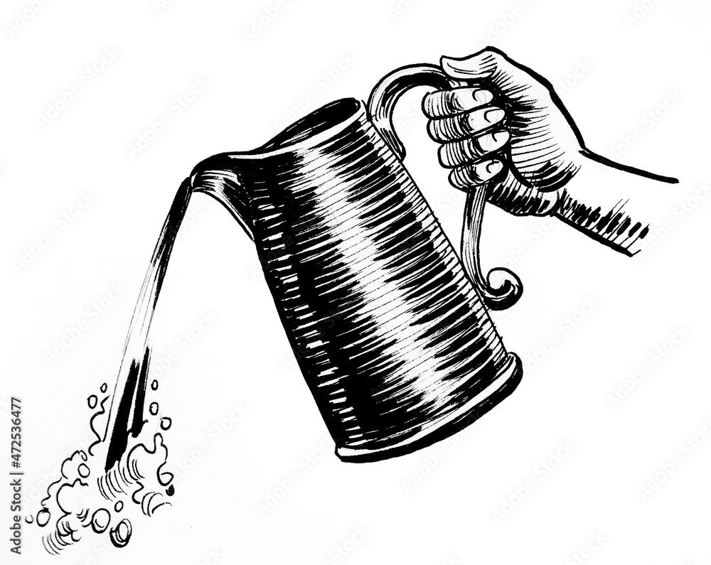 Hand pouring water from the jar. Ink black and white drawing Stock