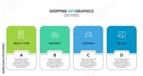 Concept of shopping process with 4 successive steps. Four colorful graphic elements. Timeline design for brochure, presentation, web site. Infographic design layout.