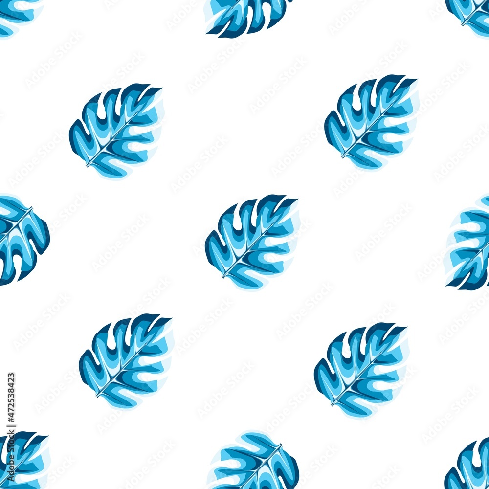Tropical seamless pattern with abstract monstera plants leaves on white background. Hawaiian style. Seamless pattern with monochromatic monstera leaf. blue monochromatic stylish. Exotic Summer print