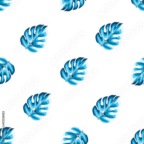 Tropical seamless pattern with abstract monstera plants leaves on white background. Hawaiian style. Seamless pattern with monochromatic monstera leaf. blue monochromatic stylish. Exotic Summer print