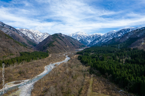 富山県上市町の剱岳をドローンで撮影する風景 Drone view of Tsurugidake in Kamiichi Town, Toyama Prefecture.