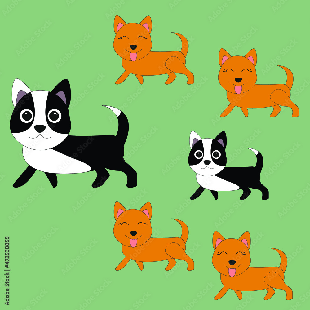 Cute animals dogs happy family, with father and children, daughters and son on green isolated background, vector illustration. Cute animals dogs happy family, with father and children, daughters and son on green isolated background, vector illustration.