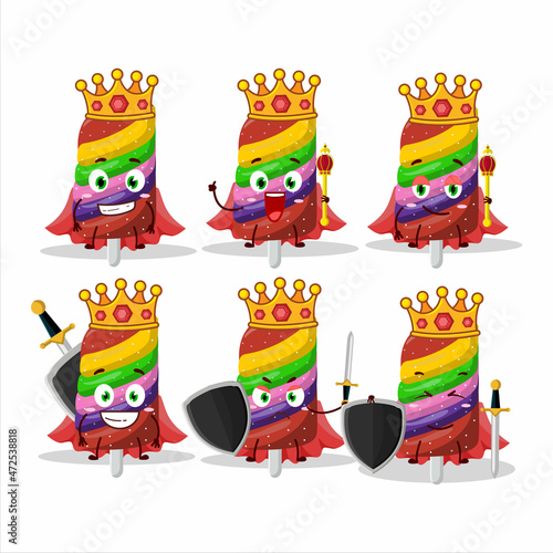 A Charismatic King gummy candy rainbow cartoon character wearing a gold crown