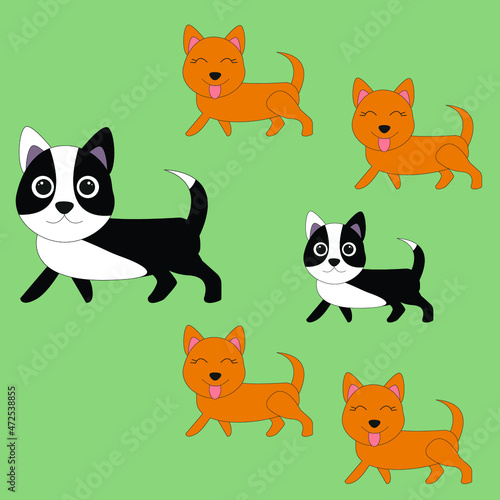 Cute animals dogs happy family  with father and children  daughters and son on green isolated background  vector illustration.