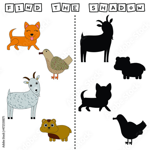 Fototapeta Naklejka Na Ścianę i Meble -  Find a pair or shadow  game with funny  dog, chicken, goat, hamster.  Worksheet for preschool kids, kids activity sheet, printable worksheet 
