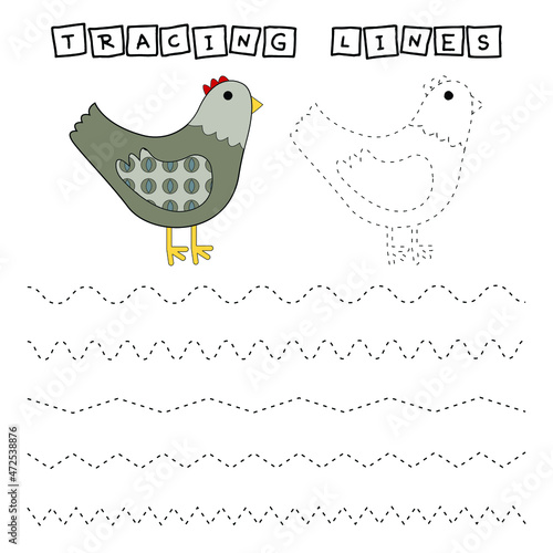 Tracing lines game with funny chicken. Worksheet for preschool kids, kids activity sheet, printable worksheet
