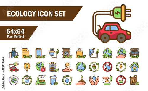 Ecology Icon set isolated on white background. filled icon. 64x64 pixel perfect. Signs and symbols can be used for web, logo, mobile app, UI, UX