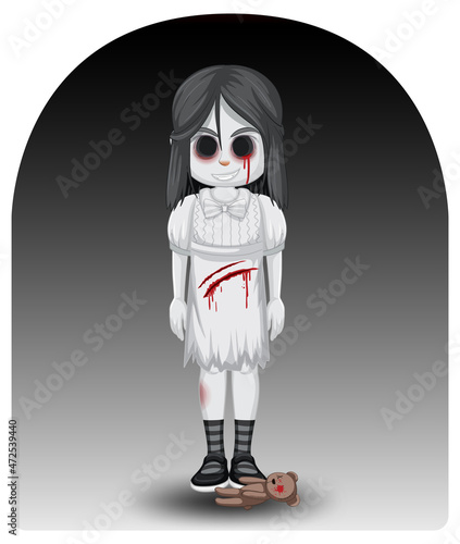Scary little ghost girl with black eyes
