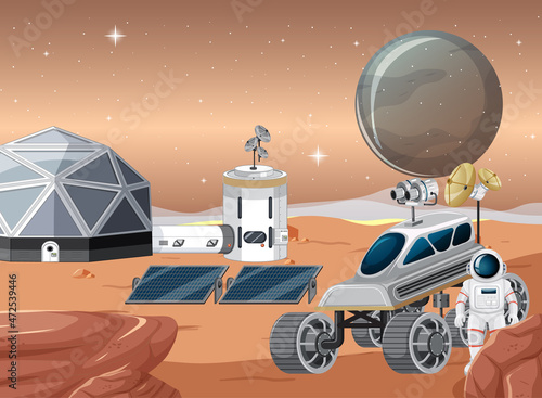 Space station on planet landscape