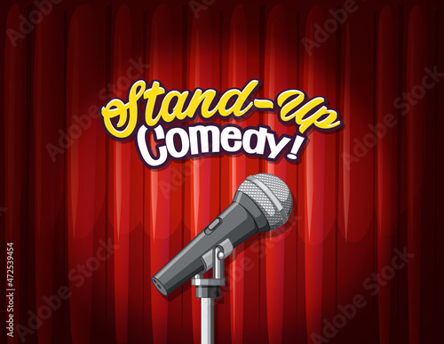 Stand up comedy banner with red curtains background