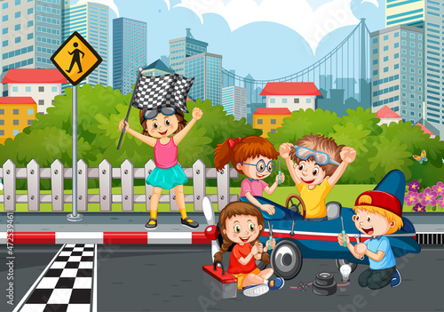 Outdoor scene with children racing car