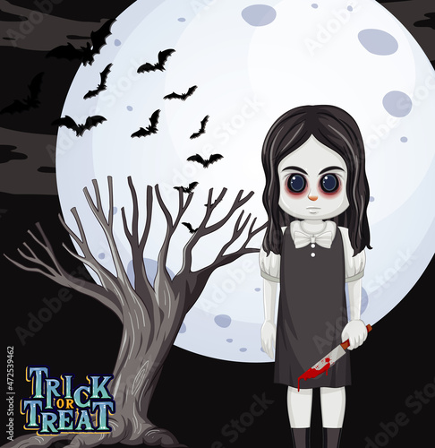 Ghost girl holding a knife on full moon background