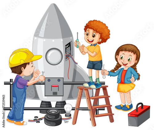 Children fixing a rocket together on white background