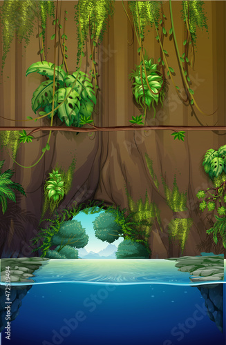 Empty nature scene with tropical plants and pond