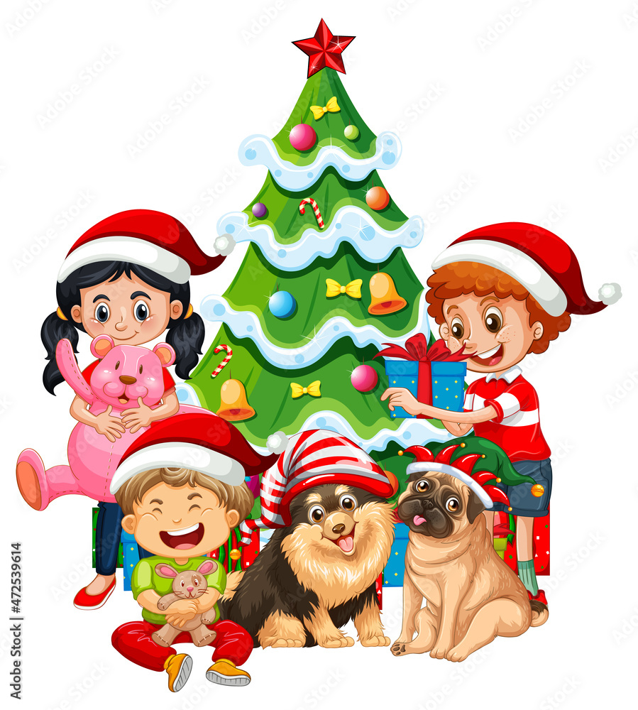 Children and dogs in Christmas theme