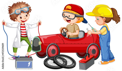Children repairing a car together