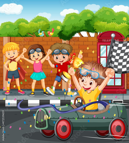 Outdoor scene with children racing car